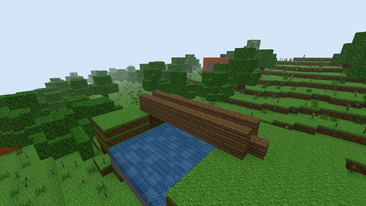 A straight oak-plank bridge with raised edges and log supports across a water channel.
