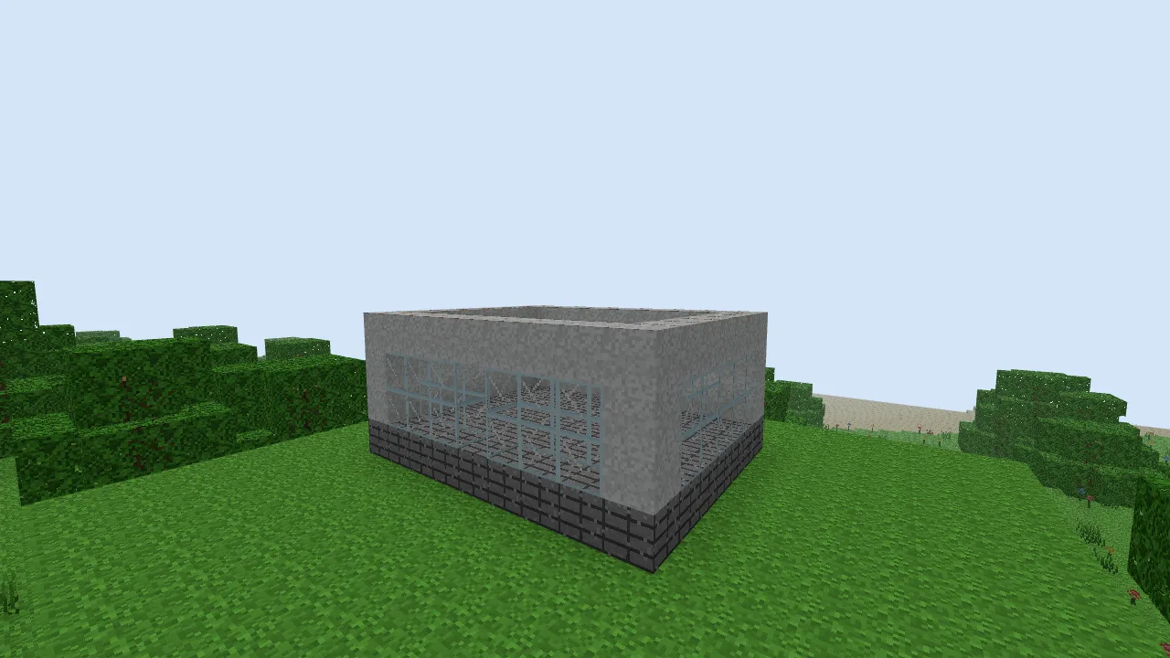 The house before its roof is added, showing the window openings and remaining white corner columns.