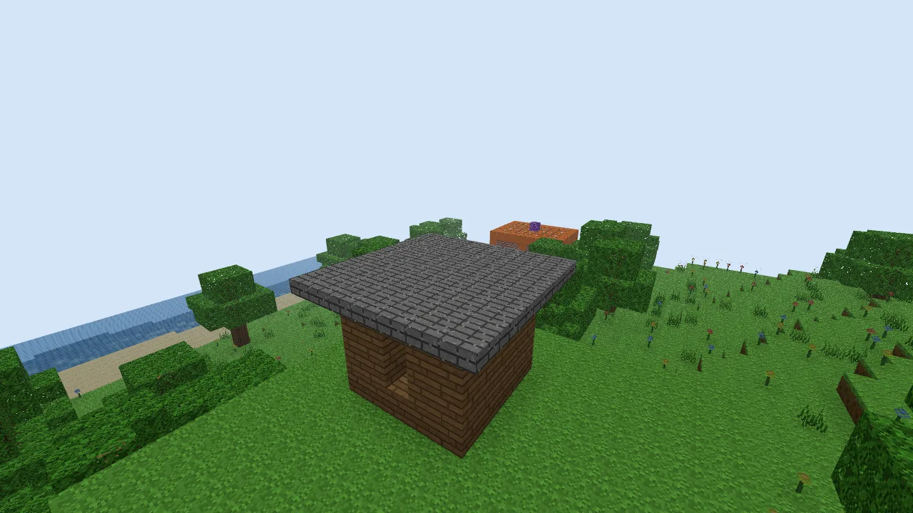 A thin, flat stone-brick half-block roof overhanging an oak building.