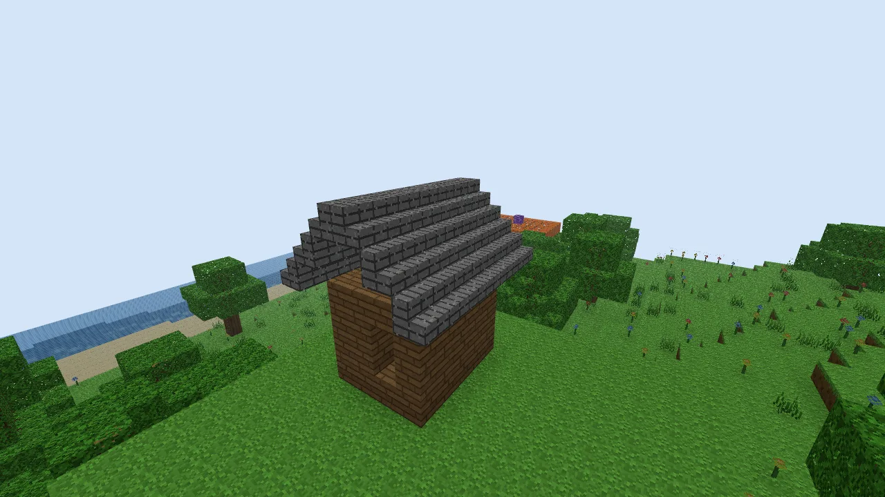 A pitched roof with stone-brick stairs rising from both sides toward a two-row ridge.