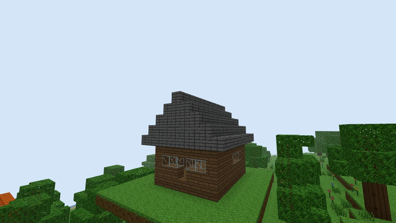 A small oak-plank house with glass windows and a stepped stone roof in a JustBuild world.